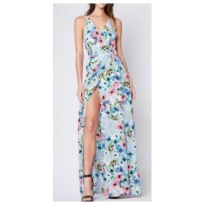 Yumi Kim 100% Silk Floral Strappy Deep V-Neck Wrap Maxi Dress Wedding Guest Sz S